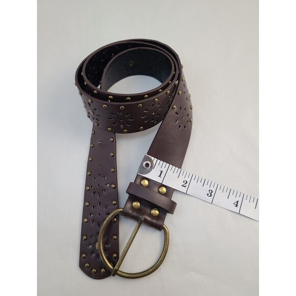 Brown Leather Belt Floral Cutout Brass Studs Western Boho Vintage Style M - Picture 4 of 6
